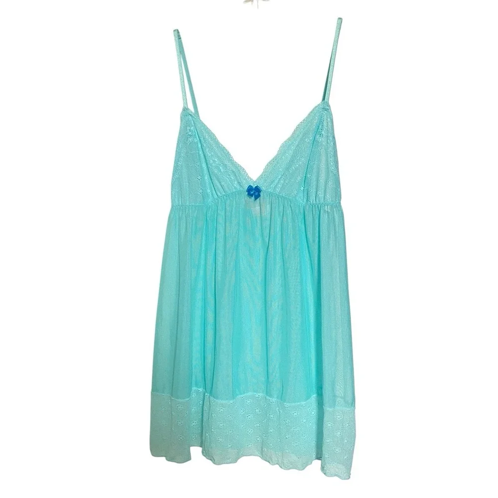 Y2K Victoria's Secret Blue Sheer Babydoll Slip Nightie Lace Large Romantic